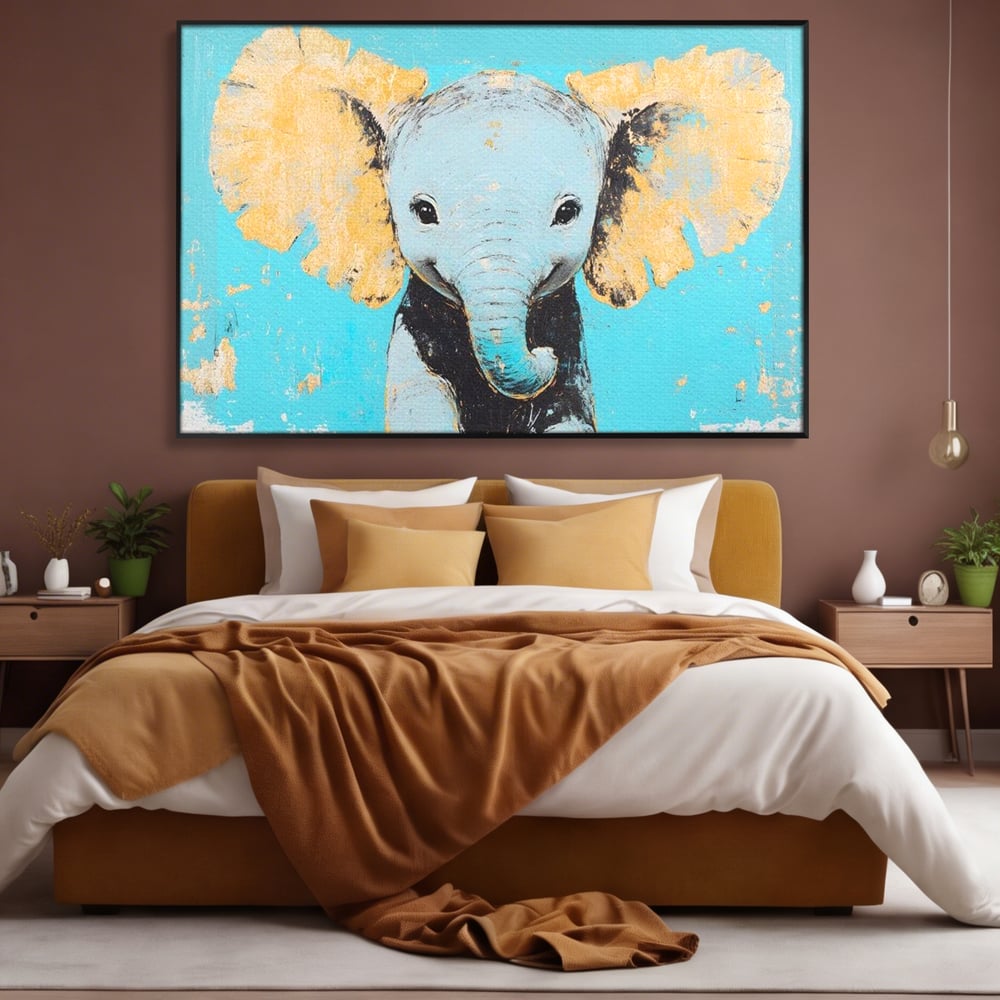 Tablou canvas cu tablou canvas cu un pui de elefant, in rama de aluminiu negru, pe perete intr-un dormitor